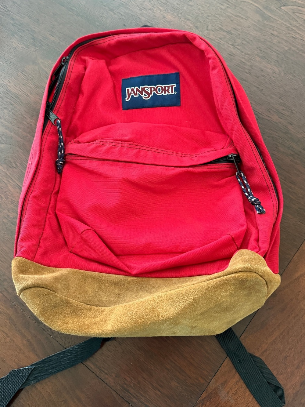 Jansport Red Backpack with Tan Suede Base